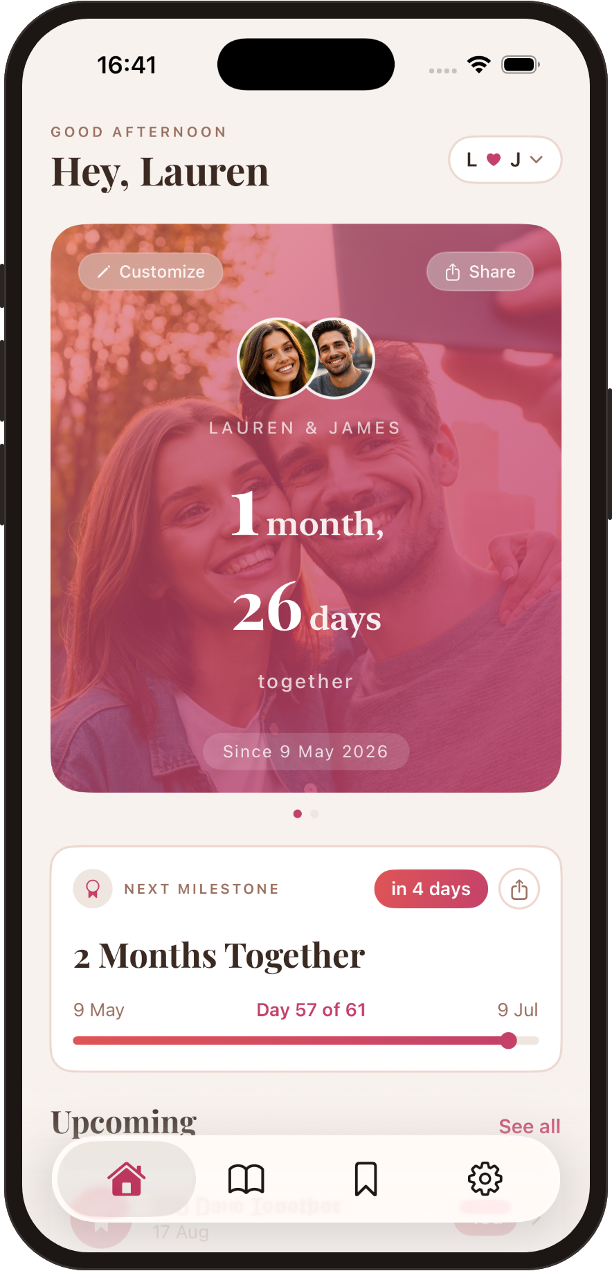 Couple app shows Lauren and James together 1 month, 26 days since 9 May 2026 with next milestone in 4 days.