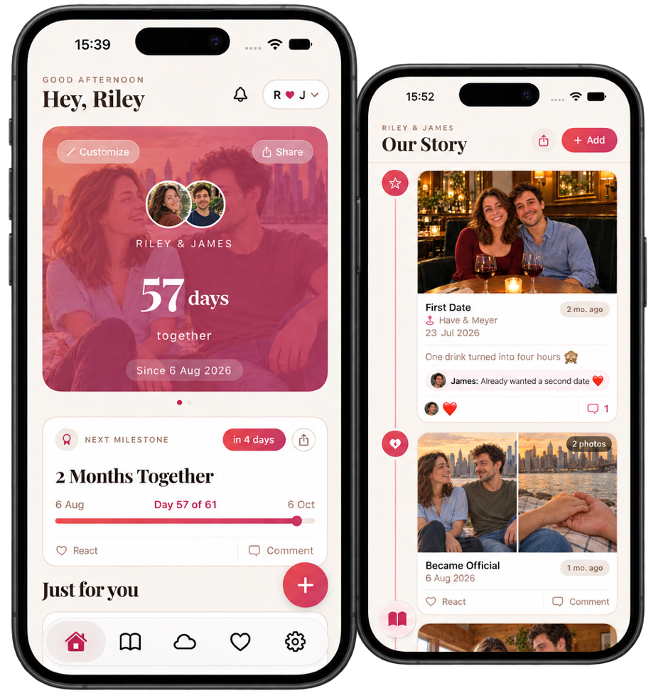 Couple app shows Lauren and James together 1 month, 26 days since 9 May 2026 with next milestone in 4 days.