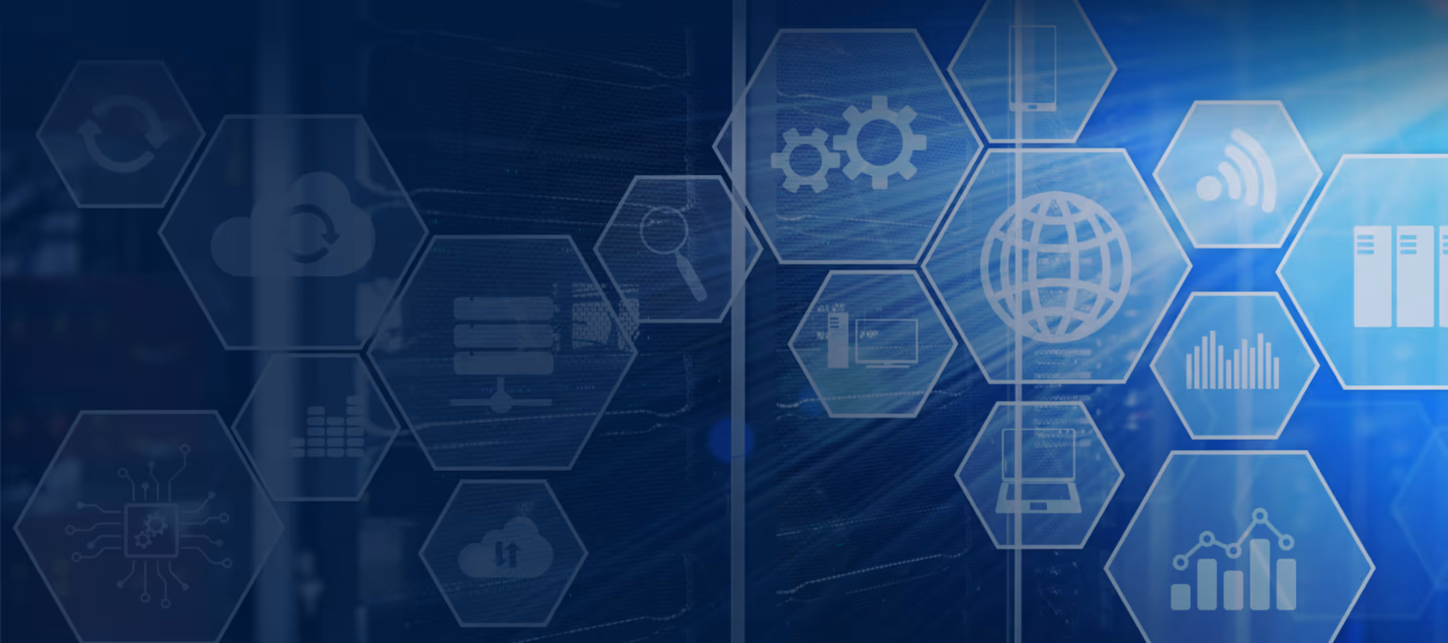 Blue digital background with hexagonal icons showing cloud, gears, globe, and data analytics symbols.
