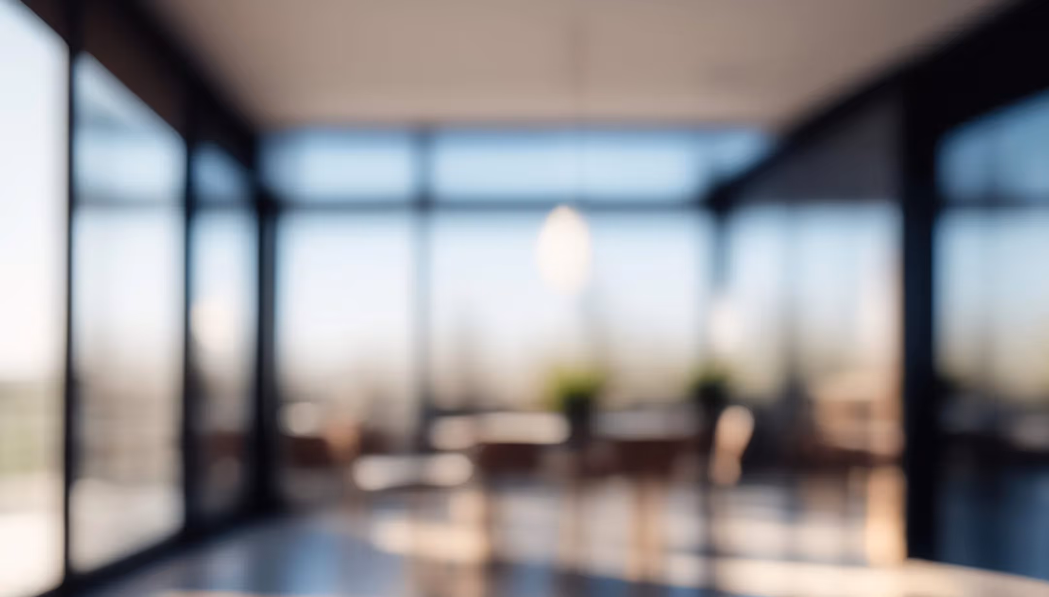 Blurred interior of a bright room with large windows and indistinct furniture and plants.