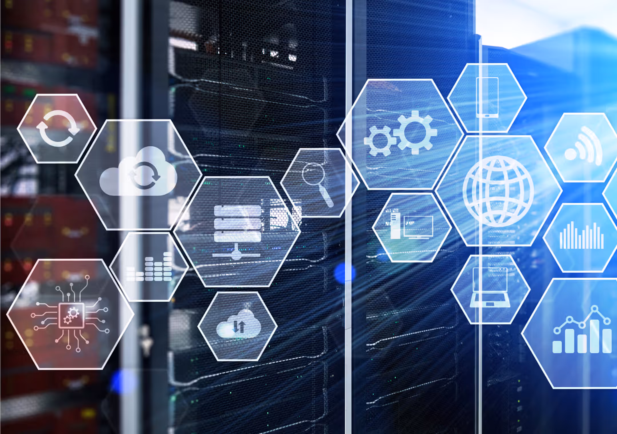 Server racks with digital hexagonal tech icons representing cloud, data, gears, and network.