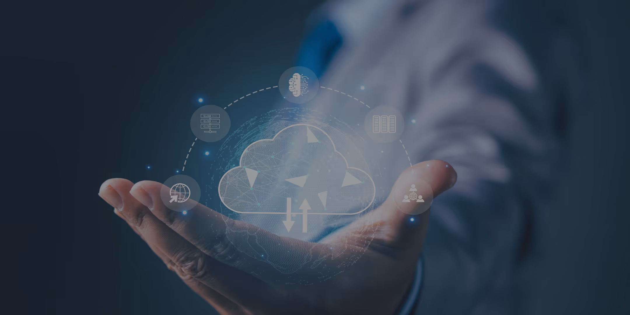 Hand holding a digital cloud icon surrounded by tech symbols representing cloud computing and data management.