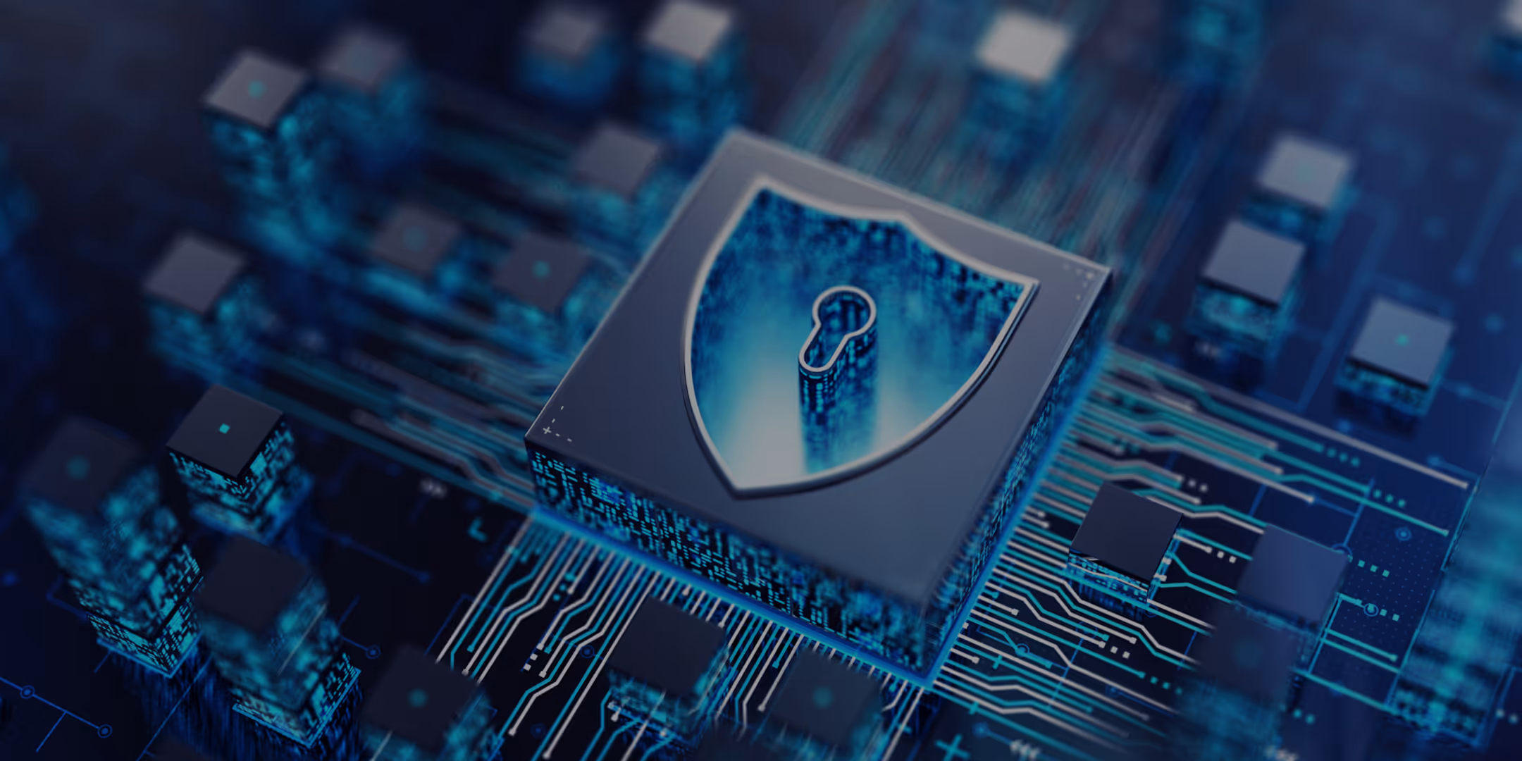 Circuit board with a glowing shield and keyhole icon representing digital security protection.
