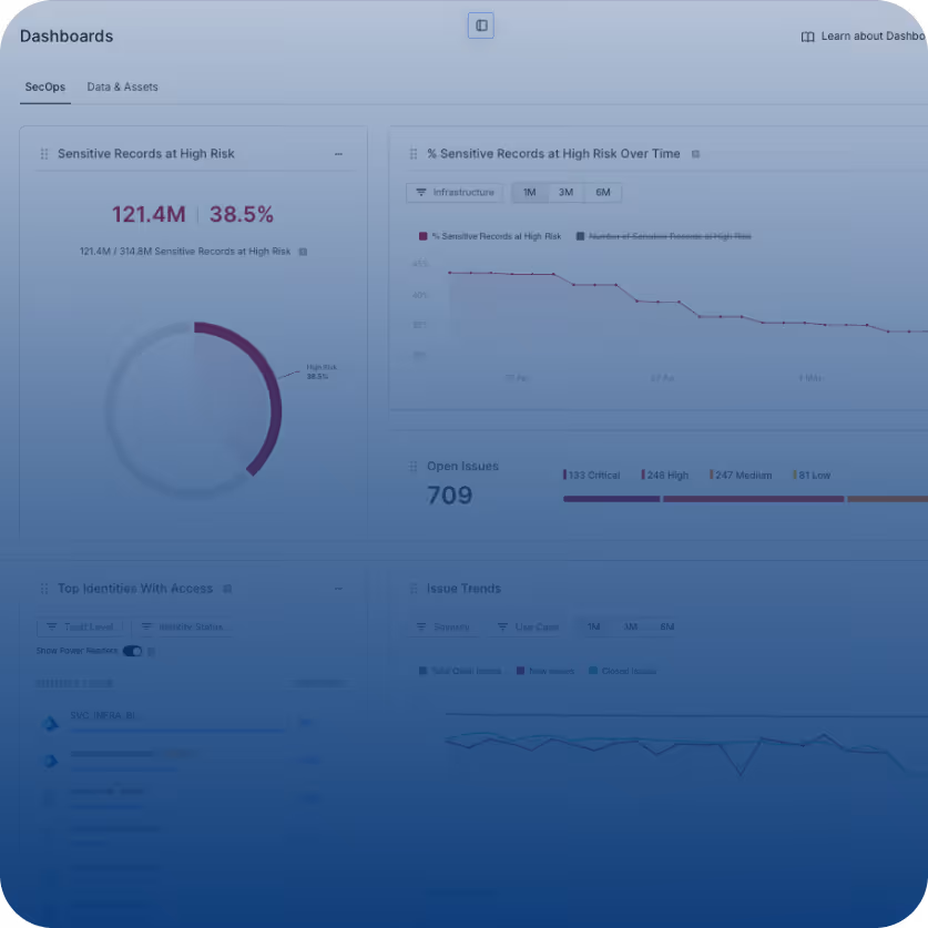 Cybersecurity dashboard showing sensitive records at high risk, risk trends, open issues, and access data.