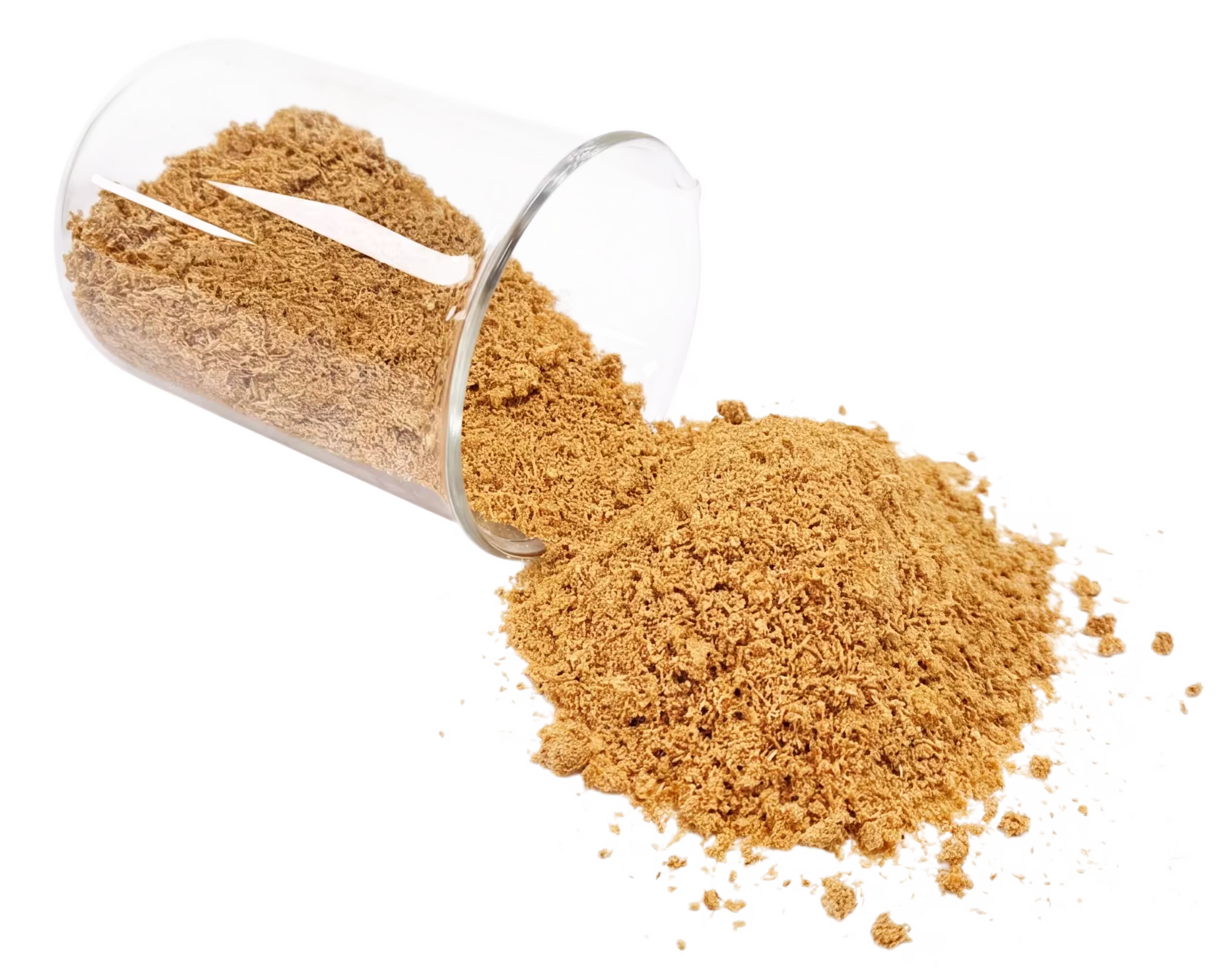 Clear glass beaker tipped over spilling a mound of fine light brown granular powder on a white surface.