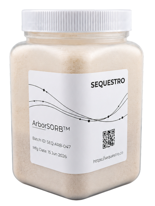Plastic jar containing a beige granular powder labeled 'SEQUESTRO ArborSORB™' with batch ID SEQ-ARB-047 and manufacturing date 15 Jun 2026, featuring a QR code and website URL https://sequestro.co.