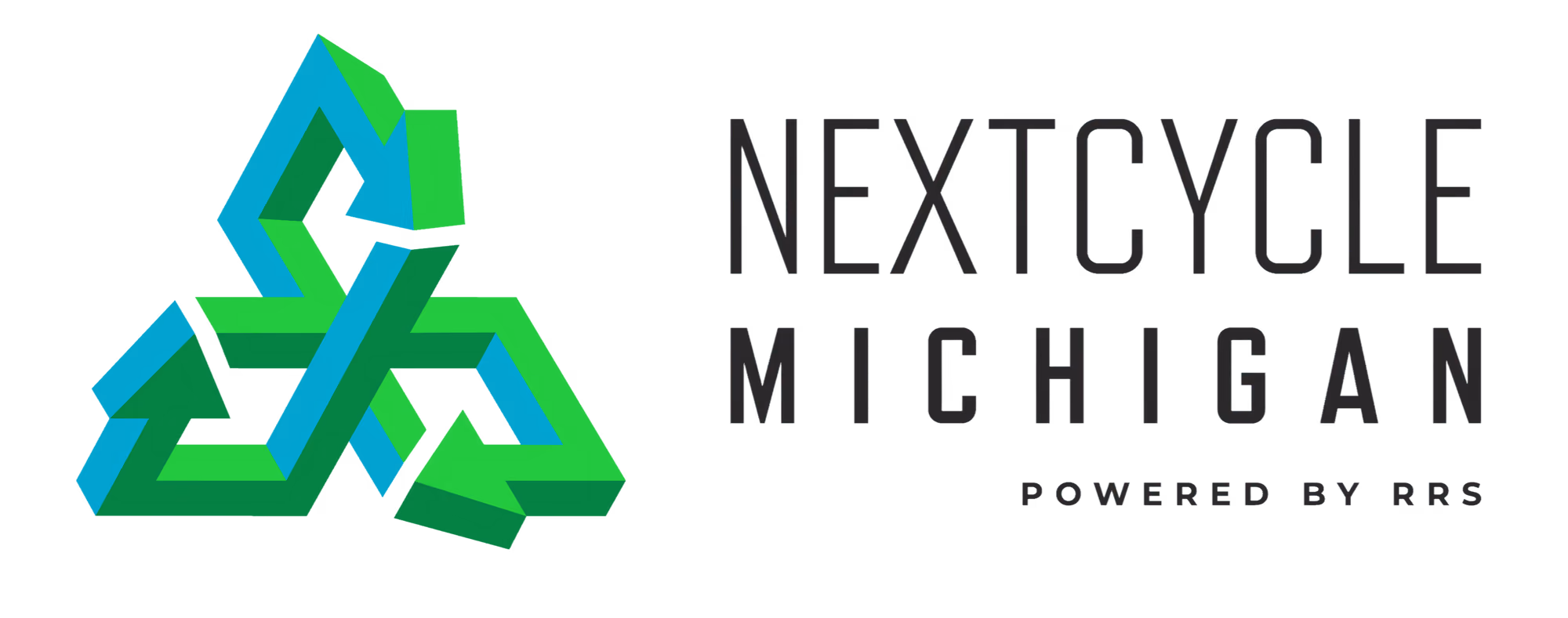 NextCycle Michigan logo featuring an interlocking recycling symbol in blue and green beside the text 'NextCycle Michigan powered by RIS'.