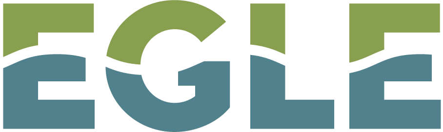 EGLE logo with uppercase letters divided horizontally; top half in olive green and bottom half in muted blue.