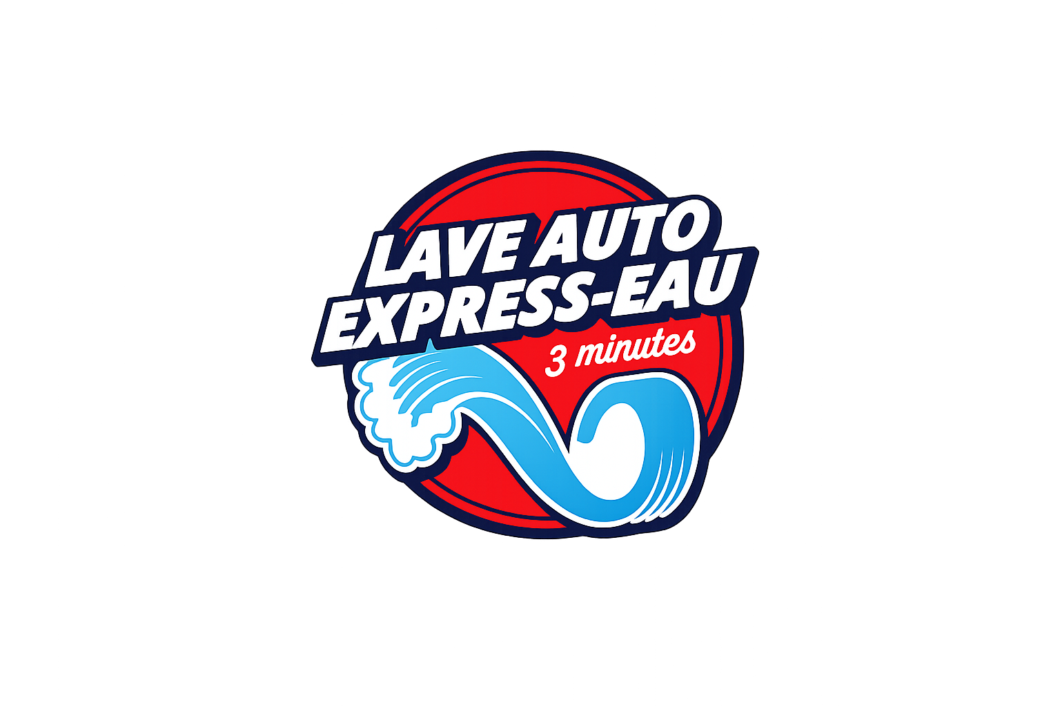 Logo LAVE AUTO EXPRESS-EAU avec vague d'eau bleue et texte 3 minutes sur fond rouge.