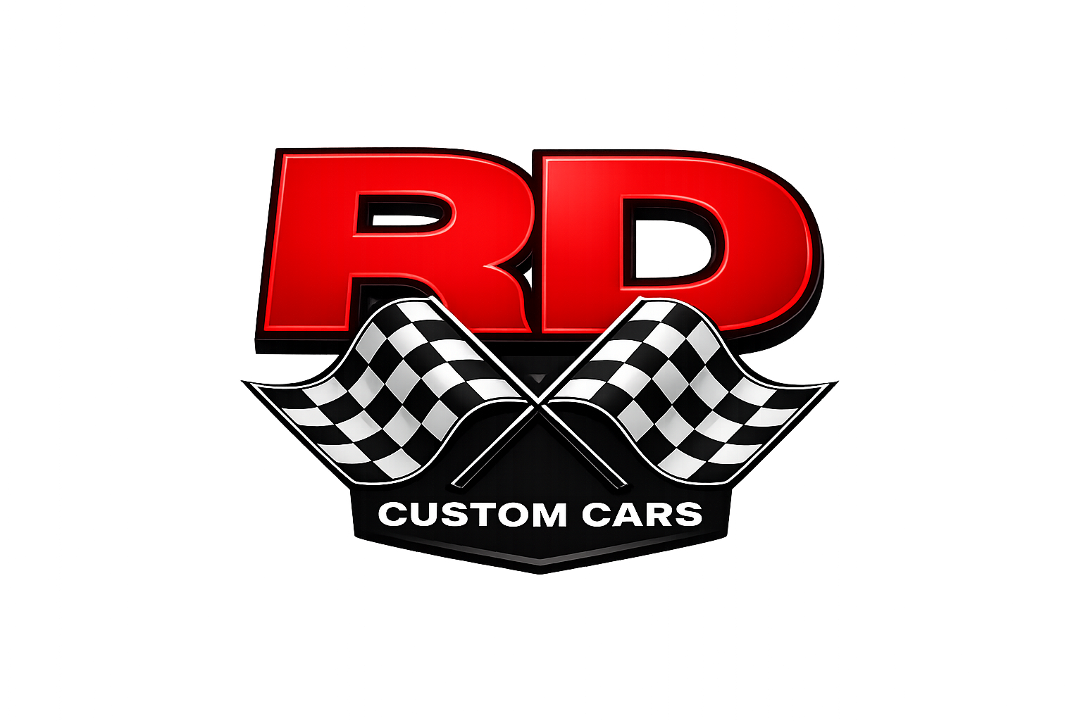 Logo rouge RD avec deux drapeaux à damiers croisés et le texte Voitures personnalisées.