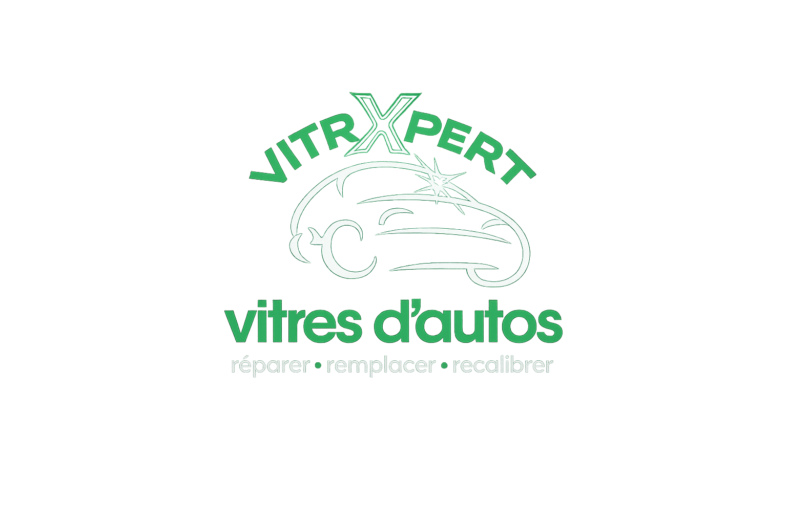 Logo Vitrexpert avec dessin de voiture et texte vitres d'autos réparer, remplacer, recalibrer en vert.