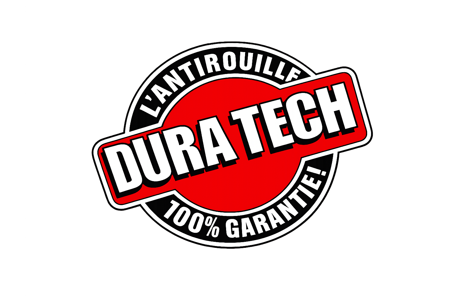 Logo rouge et noir avec le texte L'antirouille Duratech 100% garantie.