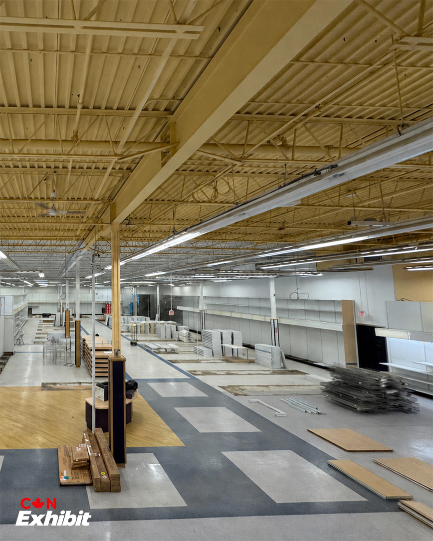 Shelving and fixture components organised across the Kingston store during the cleanout
