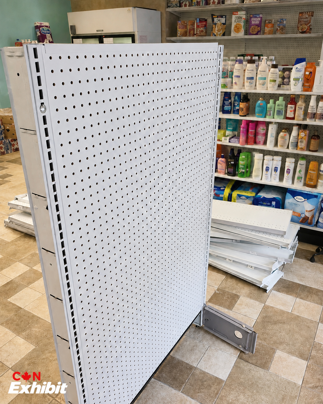 Pegboard-backed fixture in the Montreal retail project