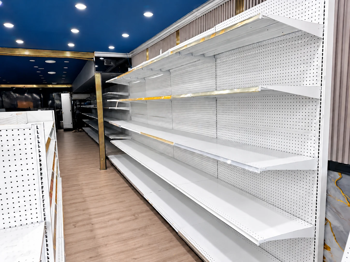 Perimeter shelving viewed from the opposite side.