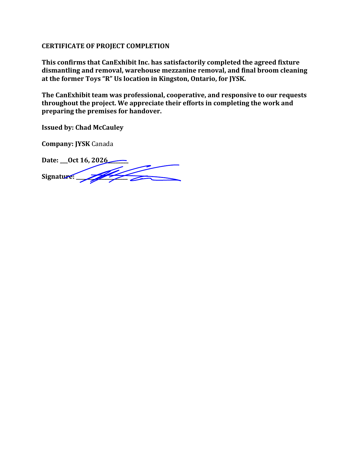 JYSK Canada’s Certificate of Project Completion for CanExhibit, dated 16 October 2026, including Chad McCauley’s signature.