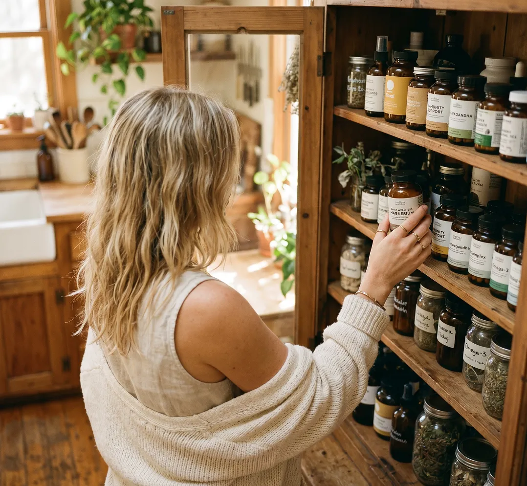 Woman in a cozy kitchen taking a wellness magnesium supplement jar from a wooden shelf.