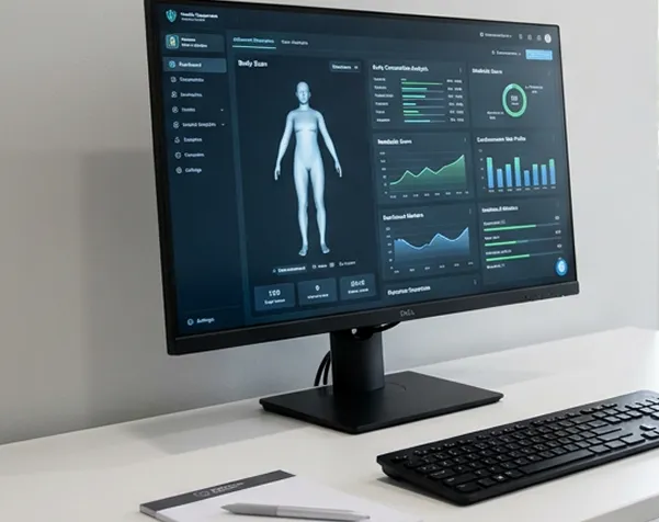 Computer monitor on desk displaying health diagnostics and body scan data with a keyboard and pen nearby.