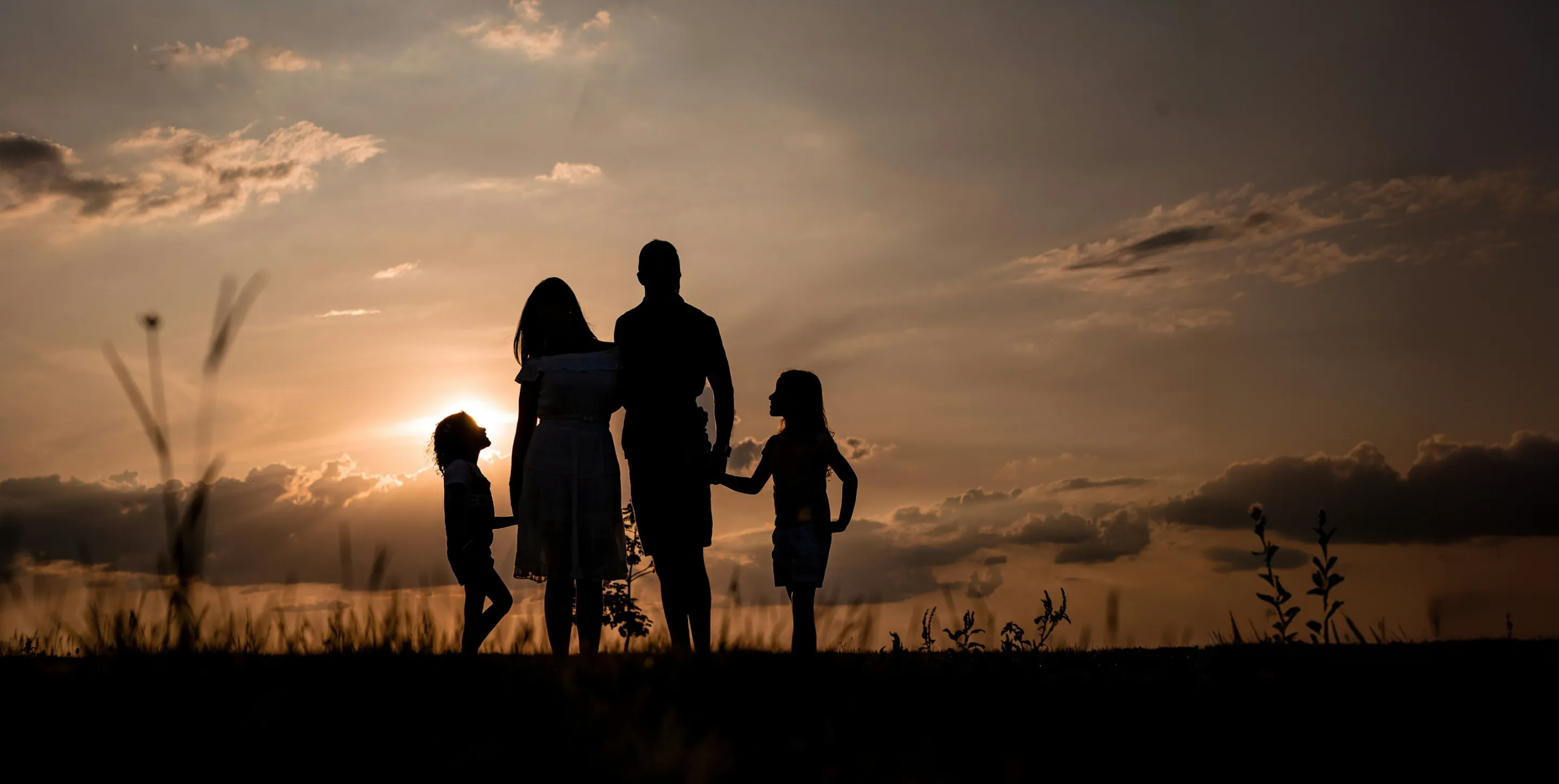 Silhouette of a family of four holding hands outdoors at sunset with a cloudy sky.