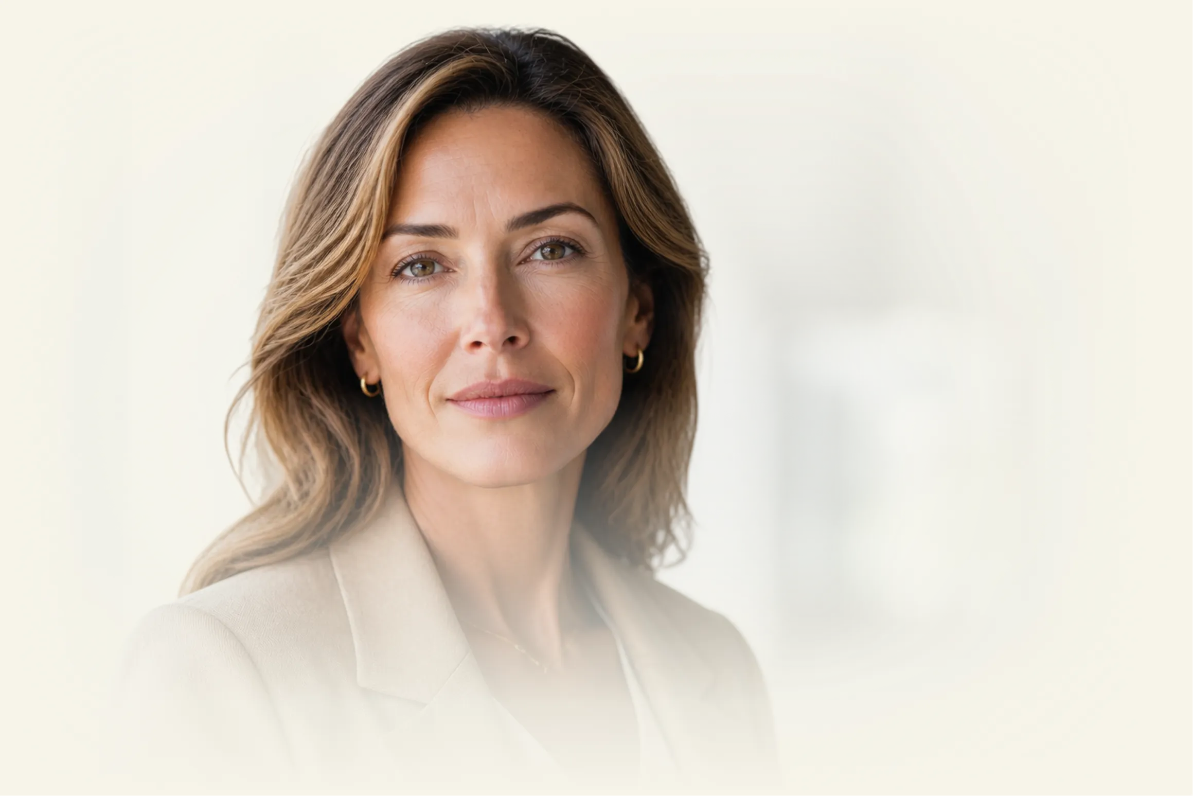 Confident woman with light brown hair wearing a beige blazer and gold hoop earrings.
