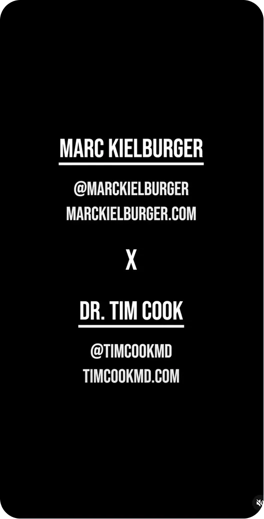 Contact info for Marc Kielburger and Dr. Tim Cook with social handles and websites on black background.