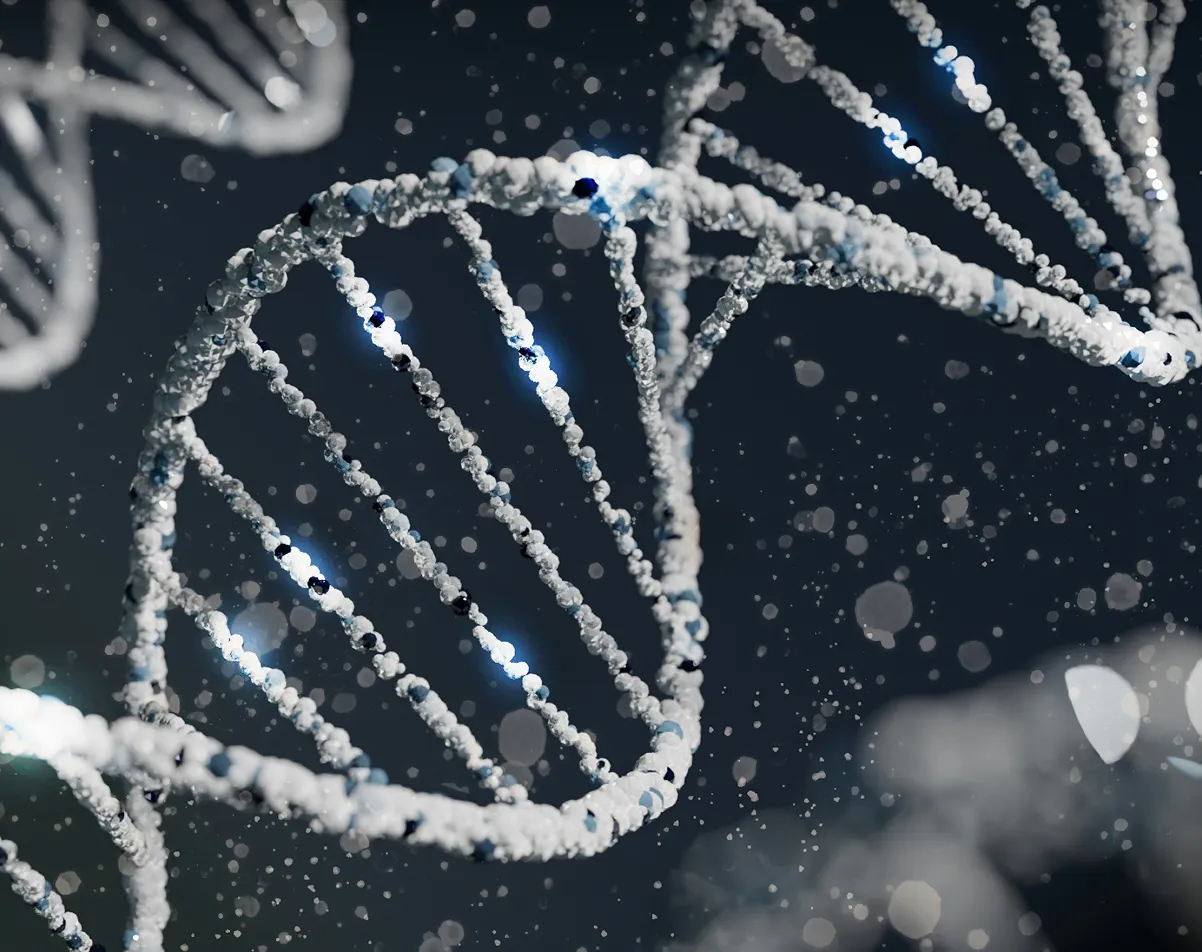 Close-up of a glowing DNA double helix strand with white and blue spherical structures.
