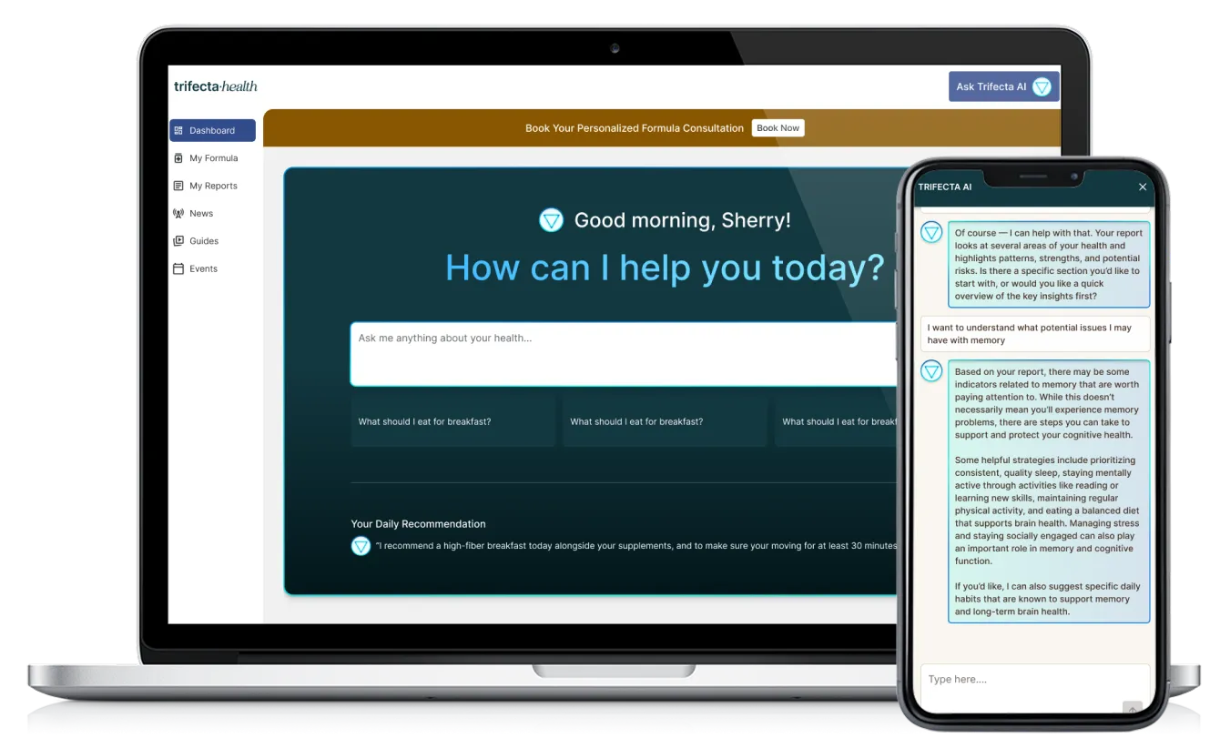 Laptop and phone display Trifecta AI interface offering health advice and personalized formula consultation.