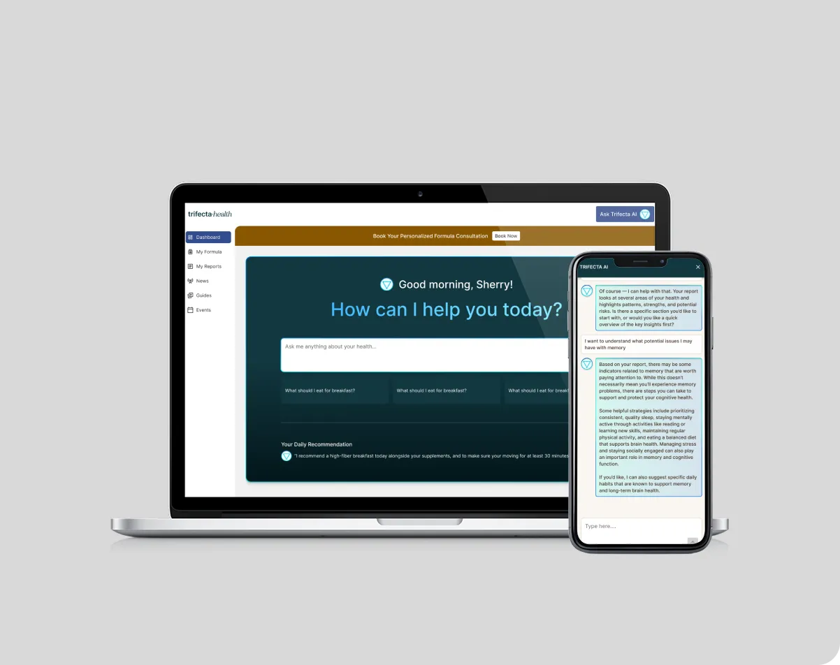 Laptop and phone showing a health AI interface offering personalized health advice and recommendations.