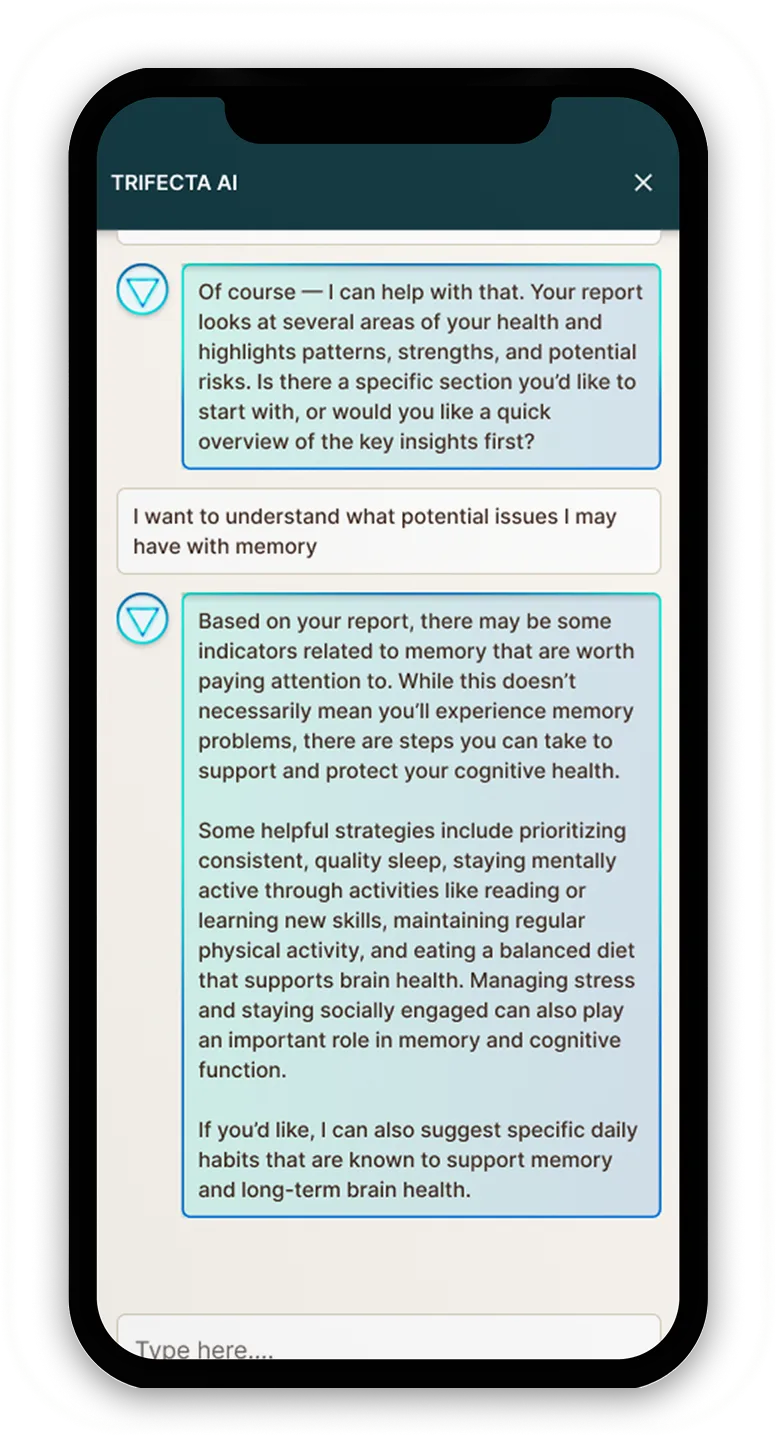 Chat with Trifecta AI on a phone about memory health, strategies for brain support, and lifestyle habits.