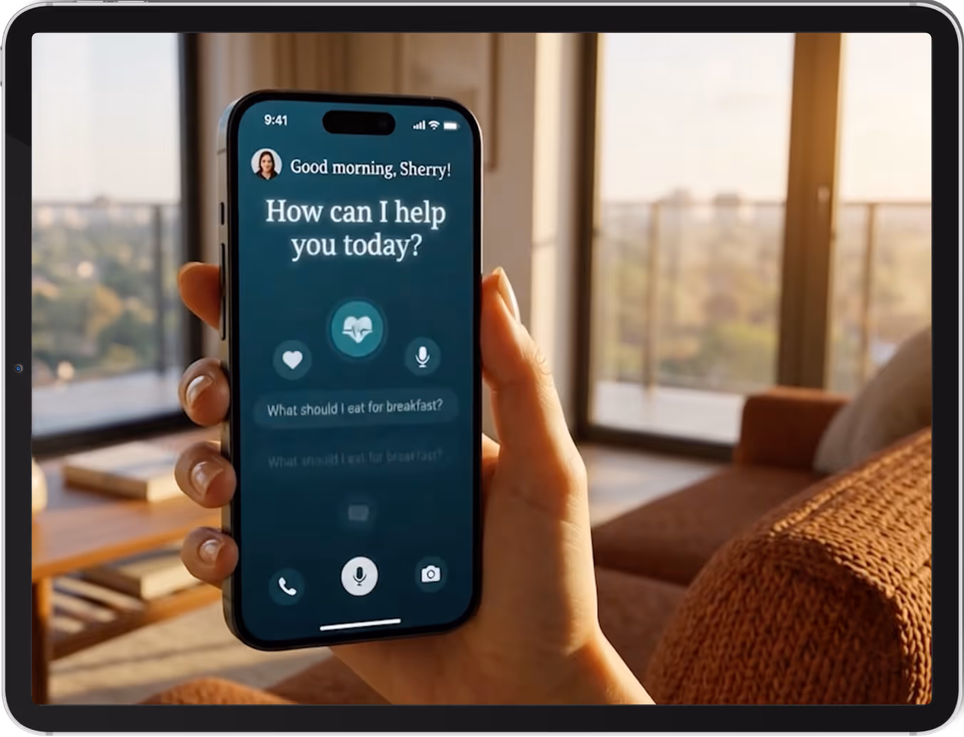 Hand holding smartphone with virtual assistant greeting and asking how to help today.