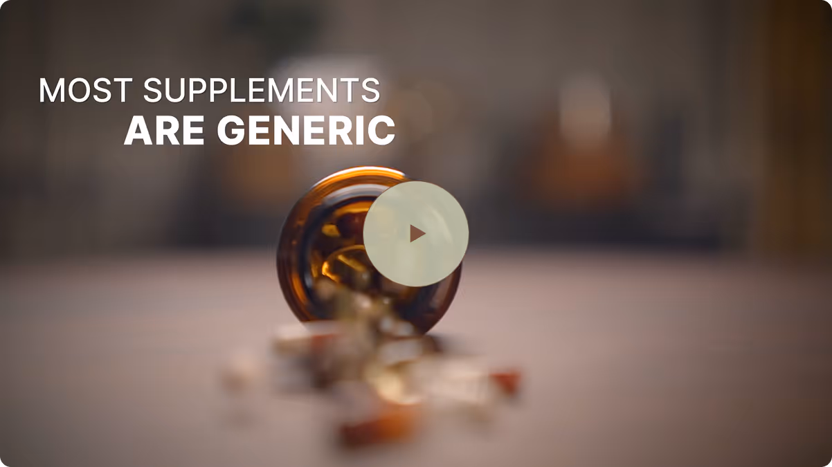 Amber pill bottle tipped over with capsules spilled and text saying most supplements are generic.