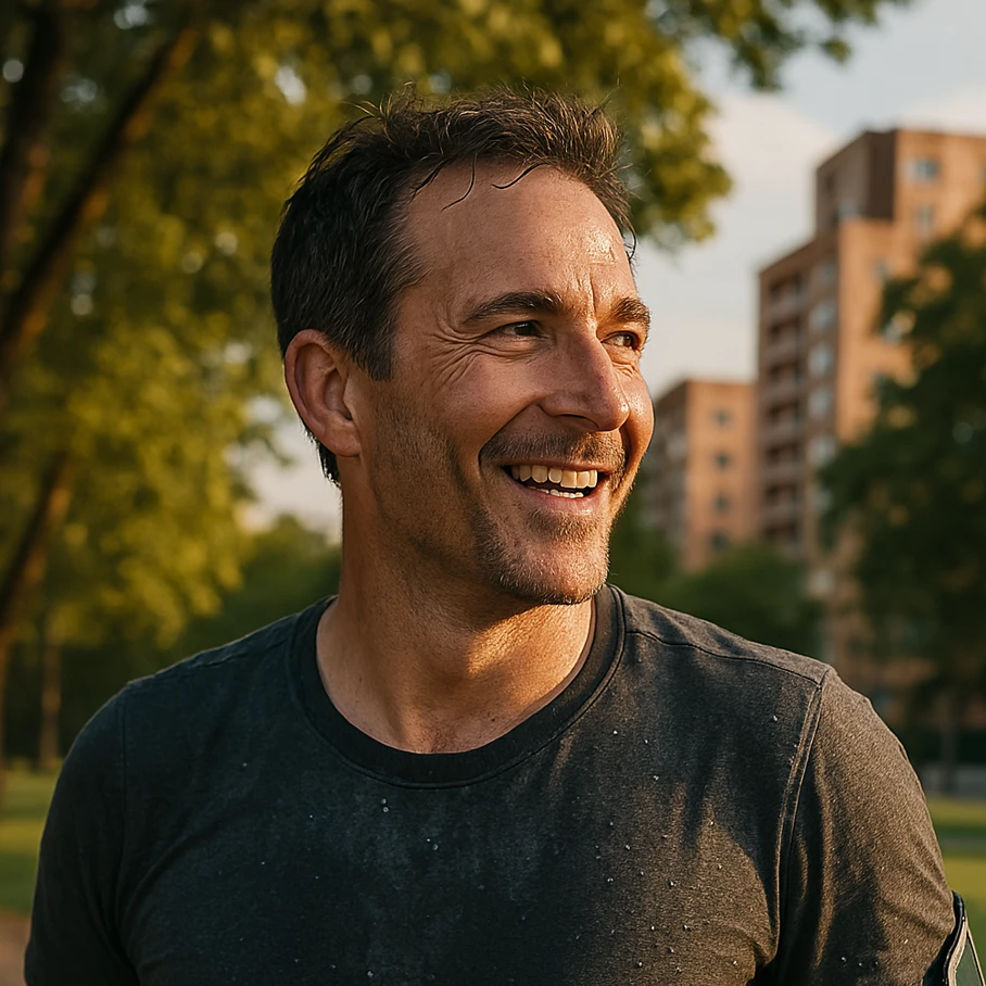 A man outside smiling after an afternoon run.