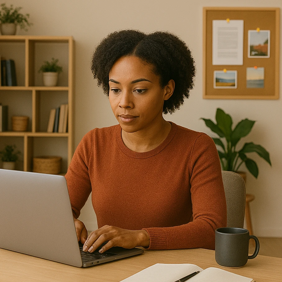 A woman at her desk focusing on her laptop.