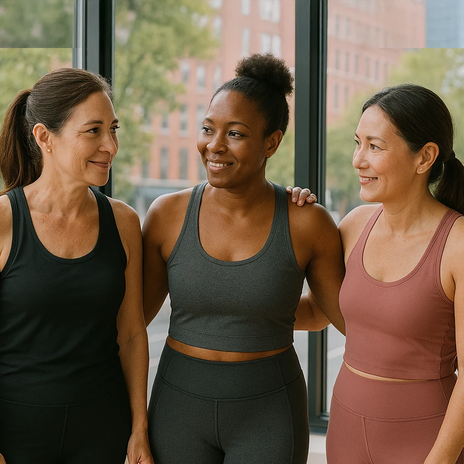 Three women together at a workout class.