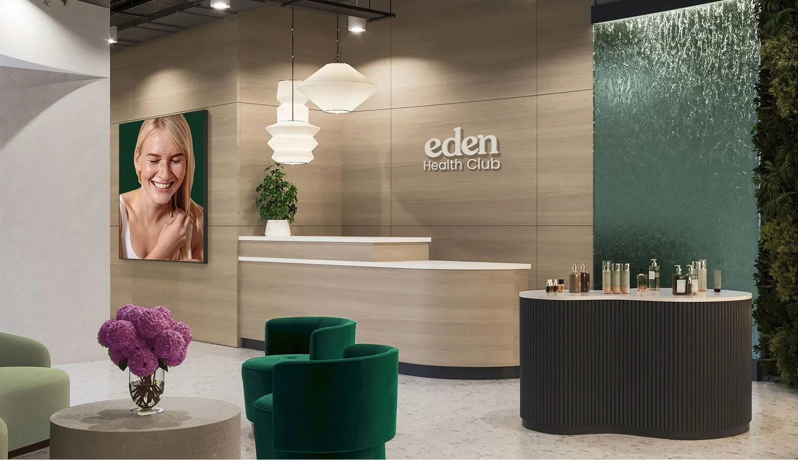 An image of the lobby of Eden Health Clubs.