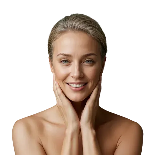 A mature woman smiling with her face cupped in her hands.