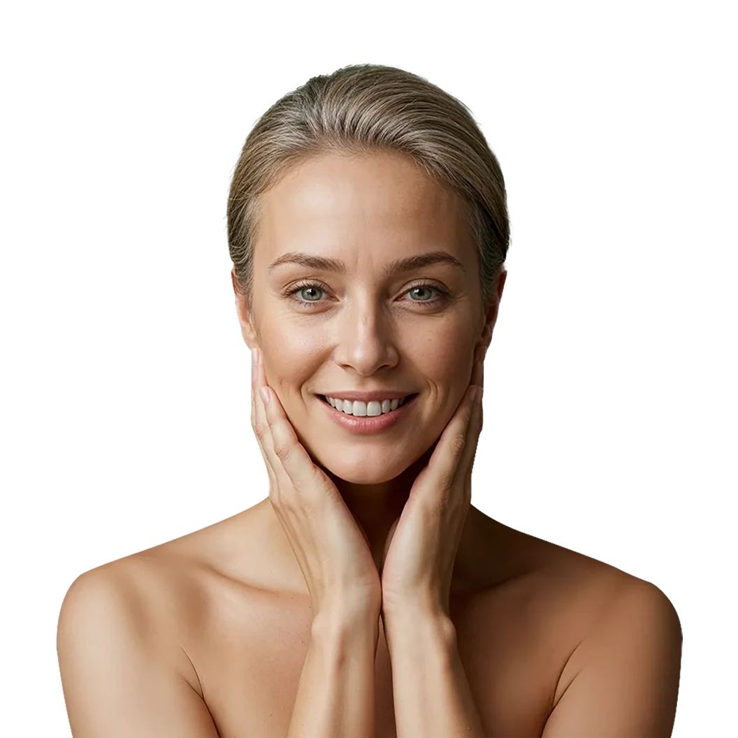 A mature woman smiling with her face cupped in her hands.