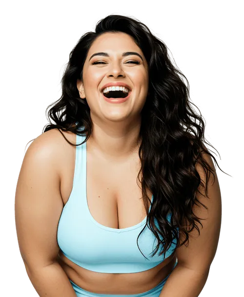 A woman leaning over and happily smiling