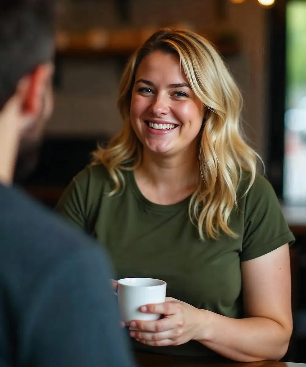 A smiling woman grabbing coffee with a man.