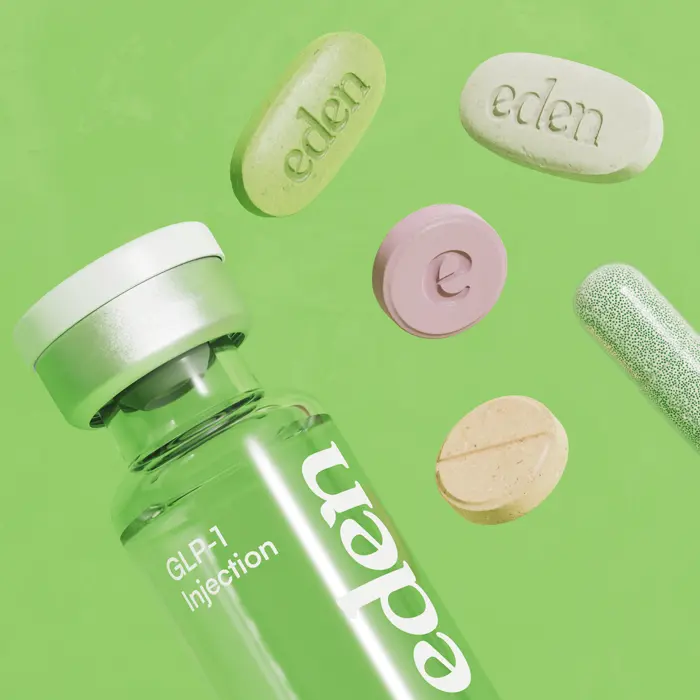 An Eden branded injection vial and pills