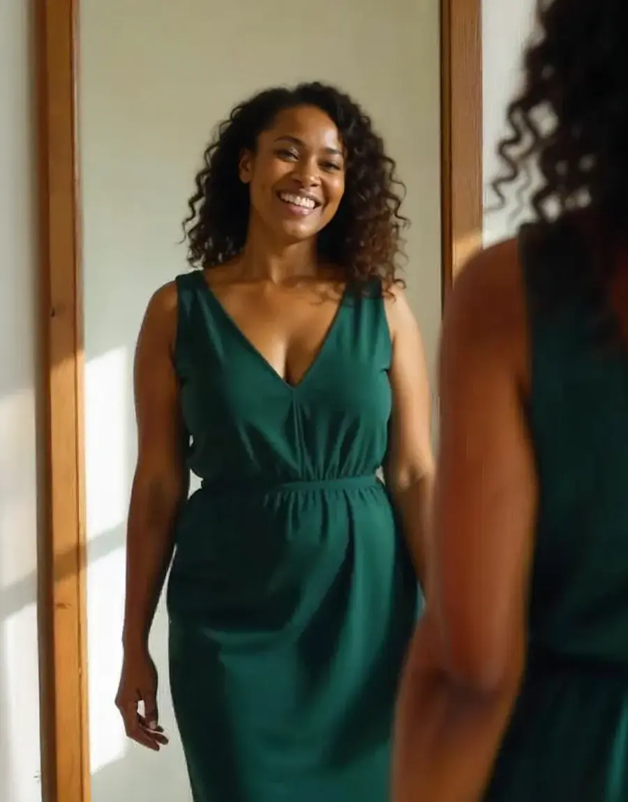A woman smiling and looking at herself in the mirror