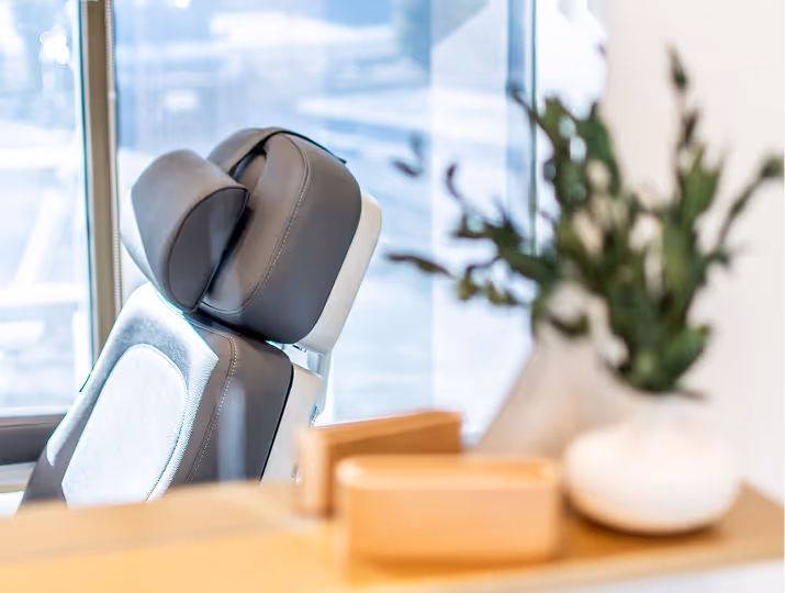 Close-up of a gray and white medical chair next to a window with a plant in the foreground.