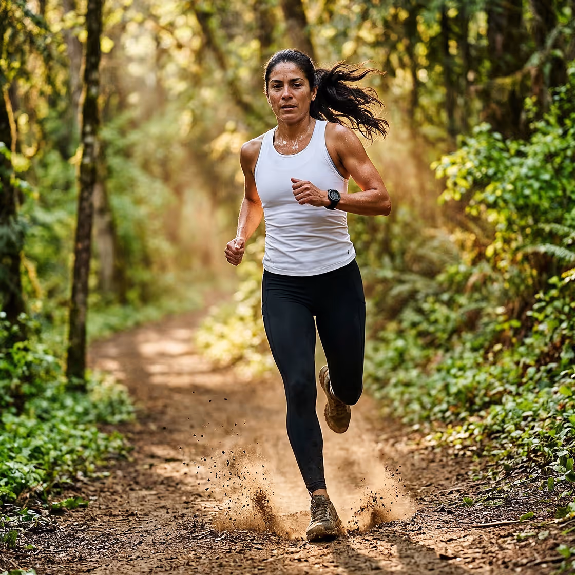 Woman running outdoors on a wooded trail.