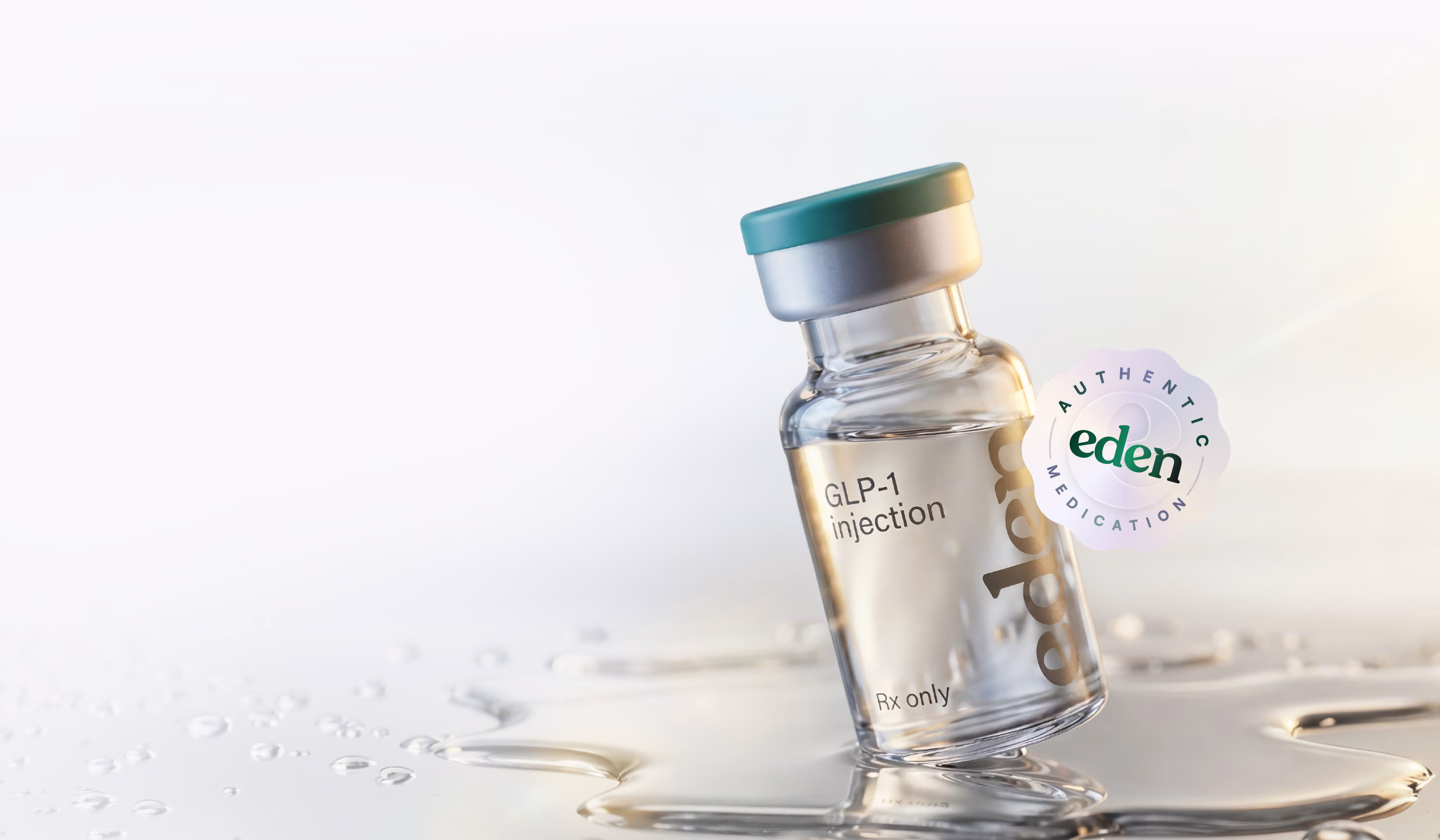 Glass vial labeled GLP-1 injection with Eden authentic medication seal on sunlit reflective surface.