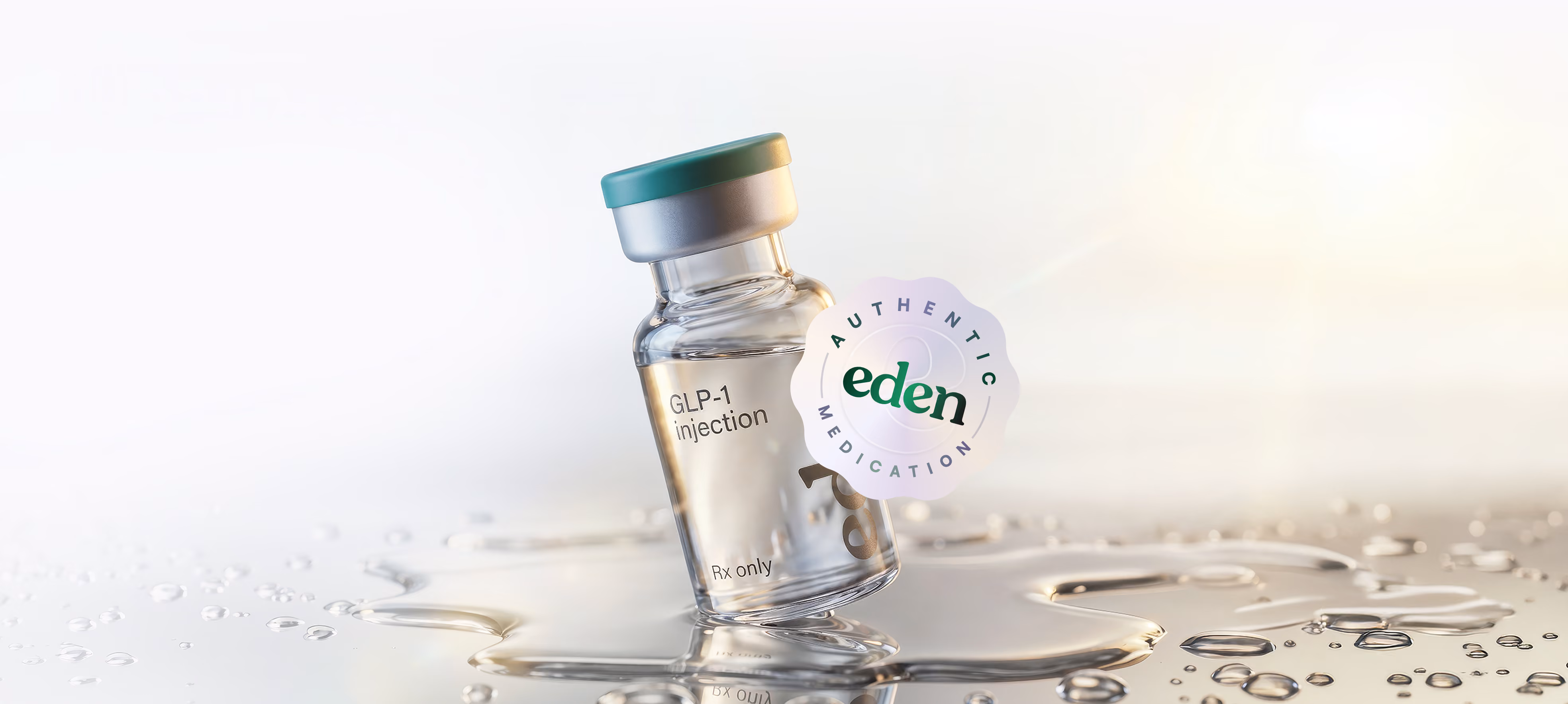 Glass vial labeled GLP-1 injection with Eden authentic medication seal on sunlit reflective surface.