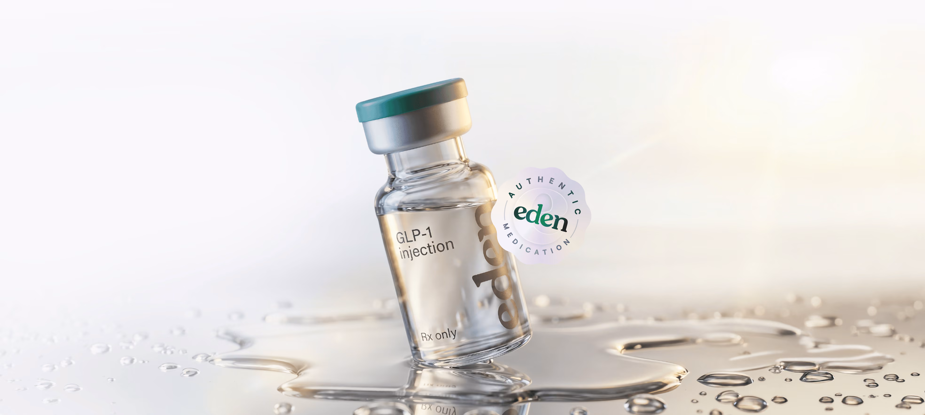 Glass vial labeled GLP-1 injection with Eden authentic medication seal on sunlit reflective surface.