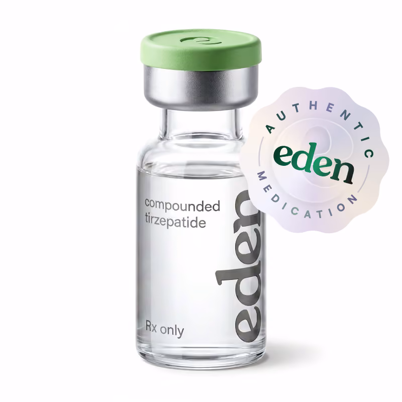Clear vial with green cap labeled compounded tirzepatide with Authentic Eden Medication seal.