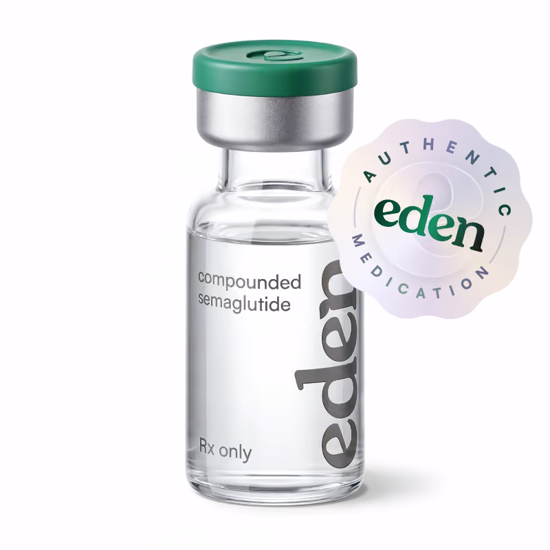 Clear vial with green cap labeled compounded semaglutide with Authentic Eden Medication seal.