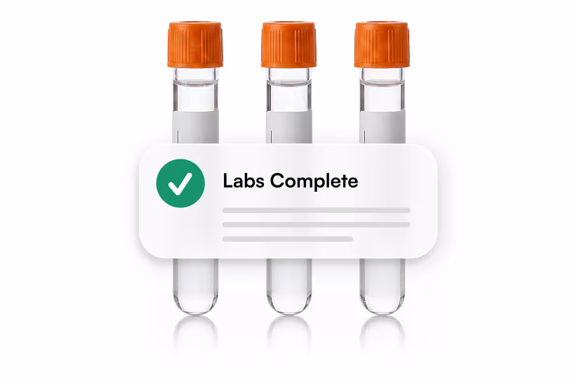 Three test tubes with orange caps and a label reading Labs Complete with a green checkmark.