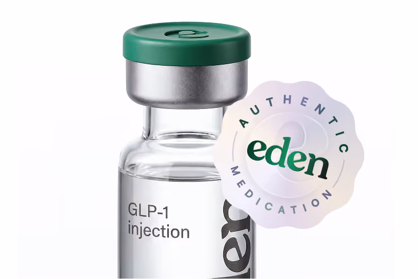 Clear GLP-1 injection vial with green cap and Eden Authentic Medication seal.